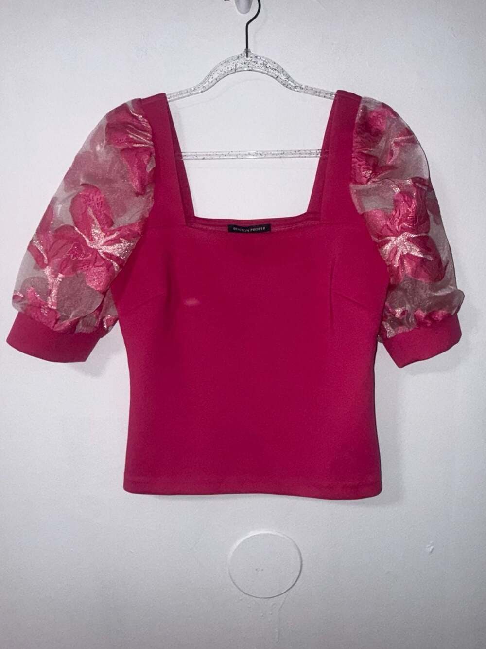 Boston Proper Floral Organza Sleeve Knit Top